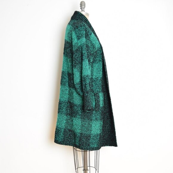 vintage 80s cardigan sweater coat green black buffalo plaid chunky oversized - Picture 5 of 9